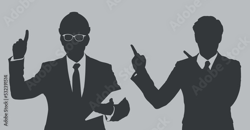 Dark gray silhouettes portrait of two businessmen are posing and holding laptop on light gray background, flat line vector and illustration.