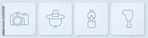 Set line Photo camera, Bottle of water, Camping hat and Chicken leg. White square button. Vector
