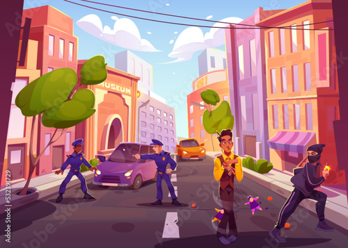 City street with characters on road, policemen, robber with stolen gold ring, discouraged puppeteer man with dolls on ropes. Game or book scene with funny personages, Cartoon vector illustration photo