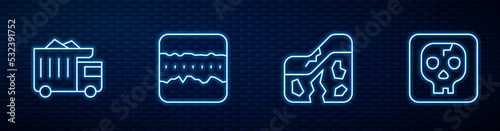Set line Geological fault, Mining dump truck, Soil ground layers and Archeology. Glowing neon icon on brick wall. Vector