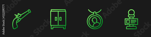 Set line Locket on necklace, Vintage pistol, Wardrobe and Microphone. Gradient color icons. Vector