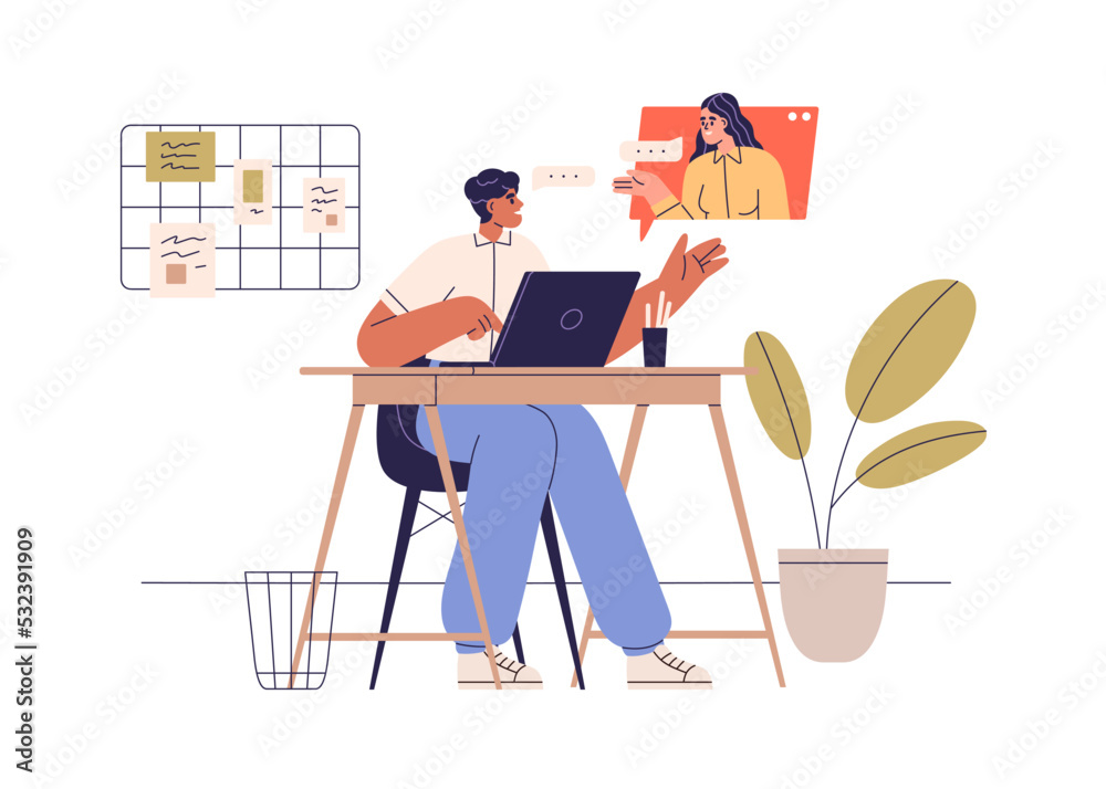 Online communication at work. Colleagues at virtual business call. Remote employee and office worker talking by virtual video meeting at distance. Flat vector illustration isolated on white background