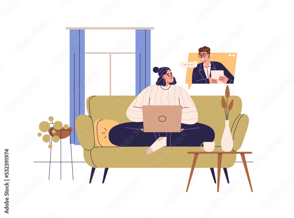 Online communication of remote worker at home and colleague from office. Business video call, virtual work meeting, videocall via internet. Flat vector illustration isolated on white background