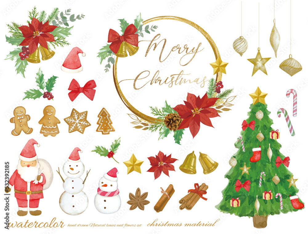 Fototapeta premium 水彩で描いたクリスマスツリーとクリスマスの見出し飾りと素材セット