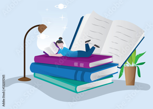 Girl reading book , book day, Book festival concept of a small people reading a open huge book