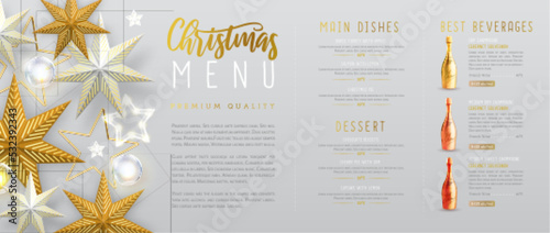 Christmas holiday restaurant menu design with 3D Christmas stars and champagne bottle. Vector illustration