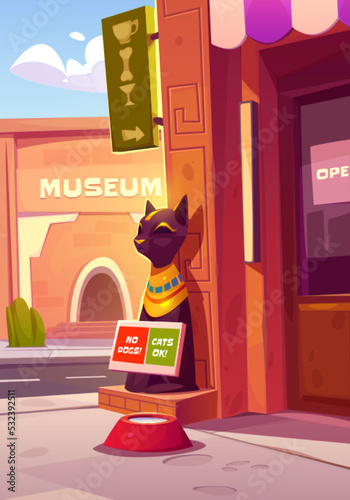 City street with cat cafe and museum buildings. Dining with cat statue in Egyptian style, doors, pet bowl with water on sidewalk and sign of no dogs entry allowed, vector cartoon illustration