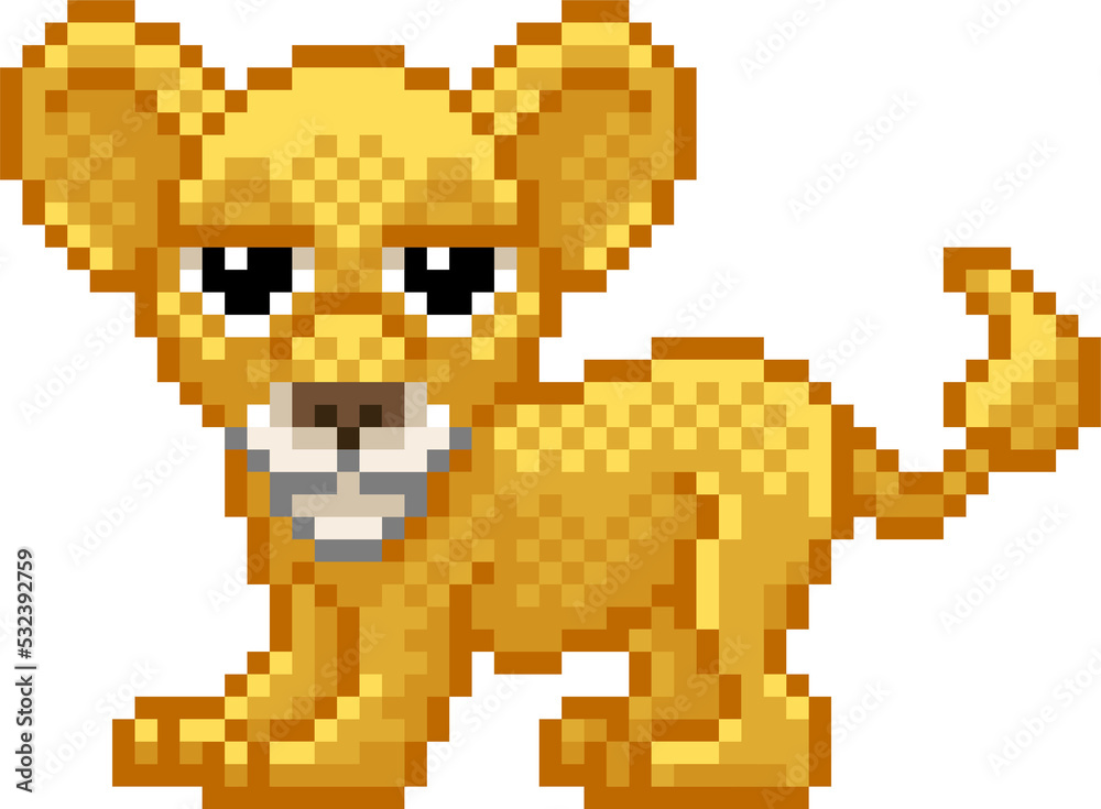 Fototapeta premium Lion Cub Pixel Art Retro Video Game Cartoon Mascot