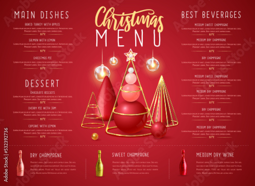 Christmas holiday restaurant menu design with realistic 3D plastic Christmas trees and champagne bottles. Vector illustration