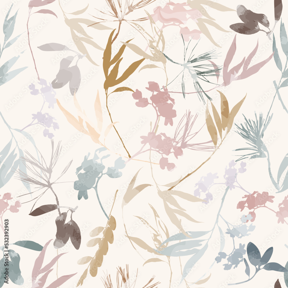 Seamless pattern flower silhouettes watercolor