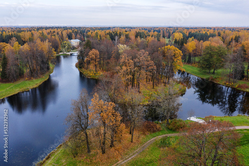 State museum Pavlovsk in autumn. Pond in Pavlovsky Park. Aerial view.