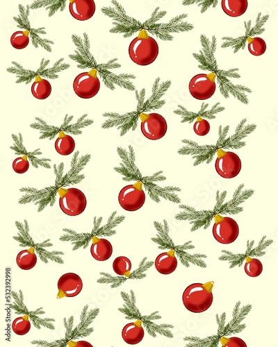 Christmas seamless texture of red Christmas balls and fir branches, hand drawn illustration. Happy new year seamless print for fabric or paper background