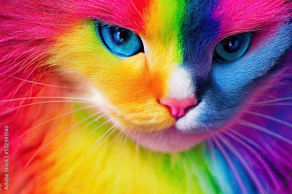 Close-up cat with blue eyes and rainbow colors. Concept of gay pride in  rainbow colors of LGBT flag. Concept of animal rights and peace. 3D  rendering. Stock Illustration | Adobe Stock