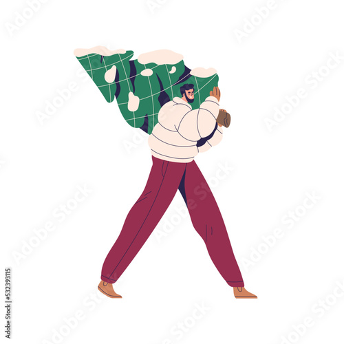 Man carrying Christmas tree, preparing for winter holiday. Person walking with live Xmas fir. Happy character during New Year preparations. Flat vector illustration isolated on white background