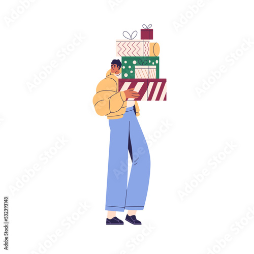 Person holding Christmas gifts stack in wrappings. Happy man with many, lot of present boxes, preparing for Xmas, New Year, winter holiday. Flat vector illustration isolated on white background