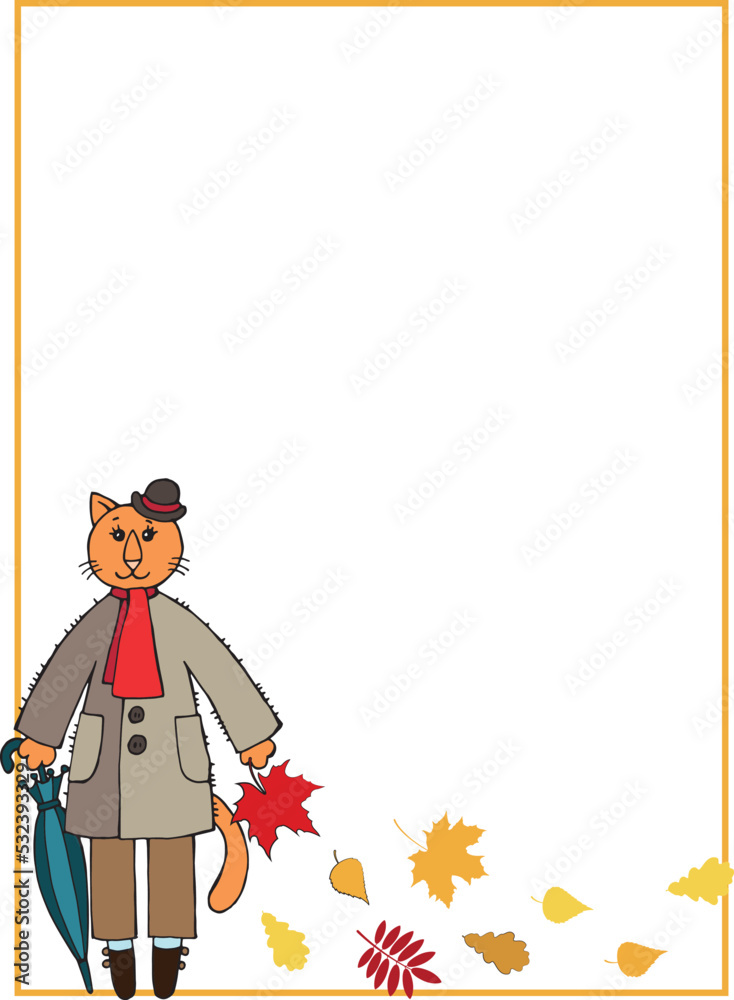 Vector autumn frame with cute cartoon cat wearing coat, hat, umbrella