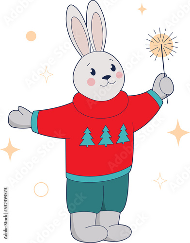 Rabbit in sweater holds Christmas sparkler