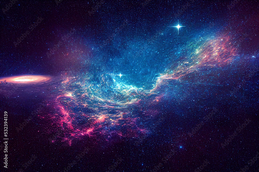 Cosmic landscape, colorful science fiction wallpaper with endless outer space.