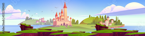 Mediterranean landscape with medieval castle and town buildings at scenery summer background. Fairytale kingdom with palace and cottages on green island surrounded with sea Cartoon vector illustration