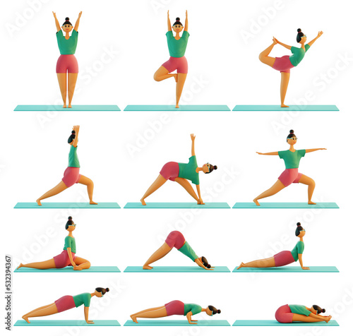 12 Bases Must-Know Yoga Poses for Beginners. A series Yoga Poses. 3d render illustration.	 photo