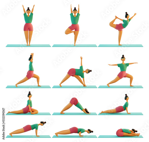 12 Bases Must-Know Yoga Poses for Beginners. A series Yoga Poses. 3d render illustration.	