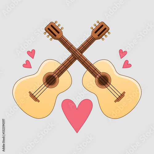 Two acoustic guitars with hearts on a gray background. Print. Vector illustration. photo