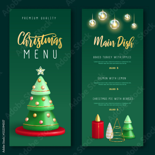 Christmas holiday restaurant menu design with realistic 3D plastic Christmas trees. Vector illustration