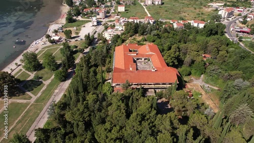 Aerial View of Tito's Villa Galeb on Hill Above Adriatic Sea in Igalo, Montenegro. Former President of Yugoslavia Summer Residence, Drone Shot