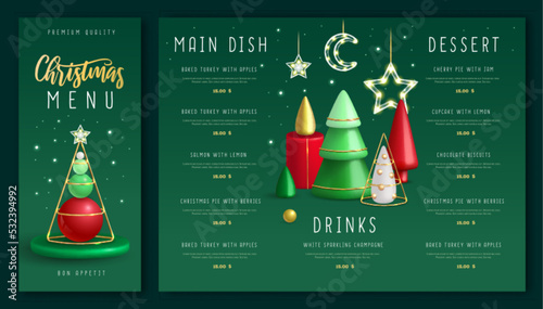 Christmas holiday restaurant menu design with realistic 3D plastic Christmas trees. Vector illustration