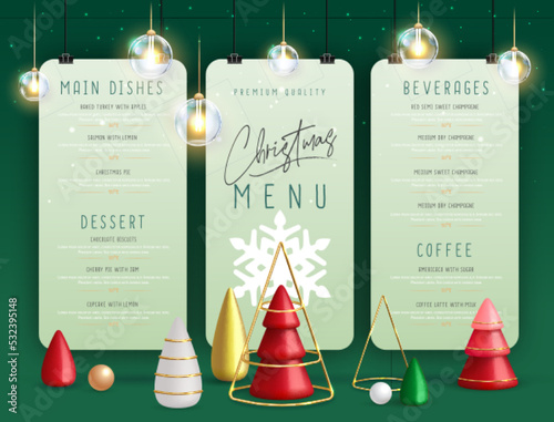 Christmas holiday restaurant menu design with realistic 3D plastic Christmas trees. Vector illustration