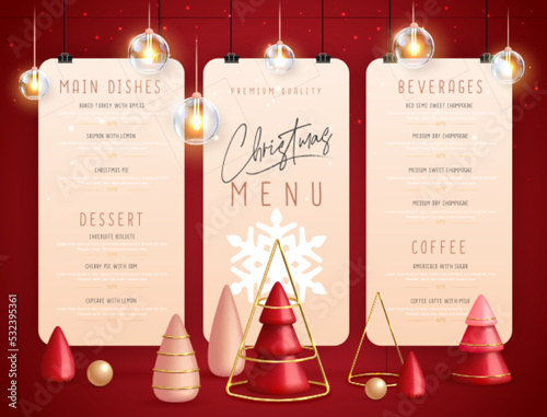 Christmas holiday restaurant menu design with realistic 3D plastic Christmas trees. Vector illustration