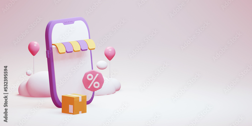 Smartphone and a parcel box linked to a 3D price tag with a percent symbol. Illustration of a special commercial bonus concept Smartphone and a parcel box linked to a 3D price tag with a percent symbol. Illustration of a special commercial bonus concept