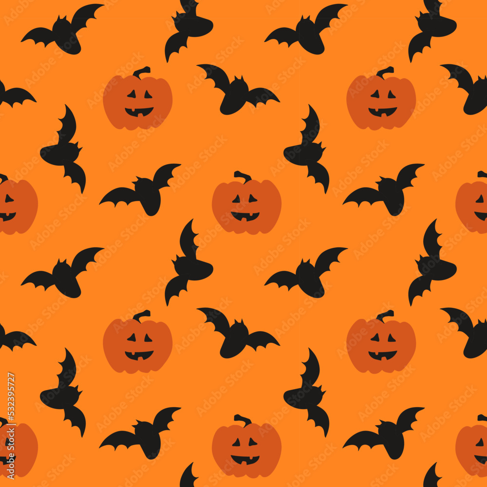 Seamless pattern with pumpkins and black bats on orange background for halloween