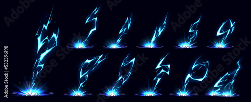 Lightning bolt hit into ground vfx effect. Blue electric or magic thunderbolt strike, impact, crack, wizard energy flash. Powerful electrical discharge, Cartoon vector set isolated on black background