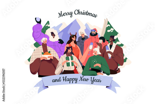 Happy people group at Christmas holiday. Diverse characters with sparklers, gifts, drink celebrate Merry Xmas and New Year on winter vacation. Flat vector illustration isolated on white background