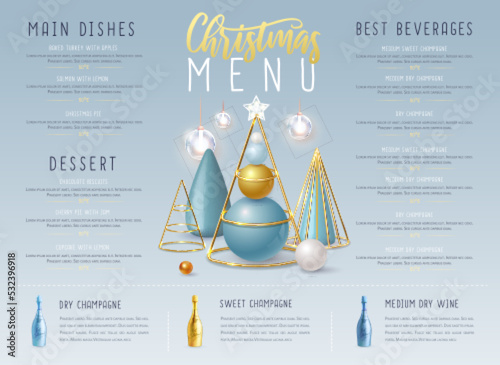 Christmas holiday restaurant menu design with realistic 3D plastic Christmas trees and champagne bottles. Vector illustration