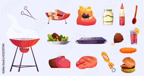 Bbq set, barbecue food and cooking stuff. Grill machine, fish steak, shrimp kebab, Forceps, sauce bottle, meat, chicken leg, burger, spoon, glass isolated design elements, Cartoon vector illustration
