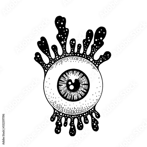 Vintage eyeball. Etching halloween eye with blood splash illustration. Fun creepy bloody vector. Comic horror eyeball. Scary icon. Cartoon boo eye ball. Funny Halloween woodcut tattoo. Gothic zombie