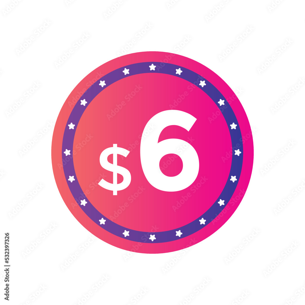 Fototapeta premium 6 dollar price tag. 6$ dollar USD price symbol. price 6 Dollar sale banner in USD. Business or shopping promotion marketing concept 