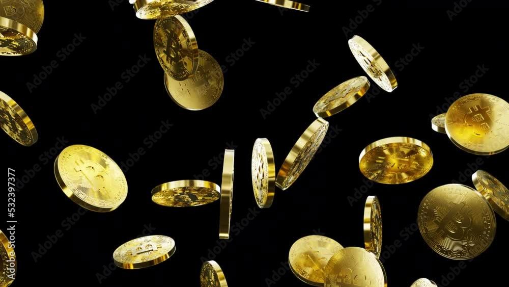 A lot of bitcoin crypto currency gold coins falling loop animation isolated Alpha. Coin. Blockchain technology. Bitcoin mining. Crypto. Digital currency. Decentralized. Stock market. Coin market.