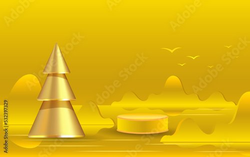 A golden landscape and an awards podium.
An empty space for your design. 3d image.