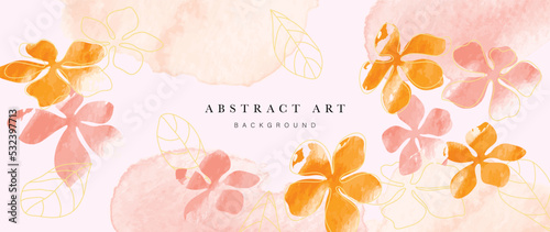 Floral in watercolor vector background. Luxury wallpaper design with flowers, gold line art, watercolor, leaves, foliage. Elegant gold blossom flowers illustration suitable for fabric, prints, cover.