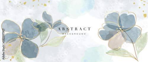 Floral in watercolor vector background. Luxury wallpaper design with blue flowers, line art, watercolor, flower garden. Elegant gold blossom flowers illustration suitable for fabric, prints, cover.