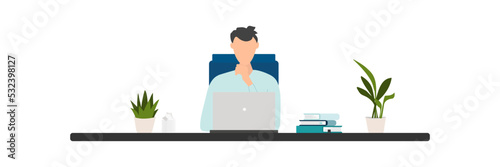Home education concept. People study at home using a computer. Remote working. Video conference on laptop computer. Work from home and work from anywhere concept Vector.