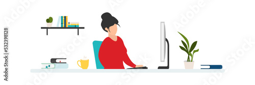 Home education concept. People study at home using a computer. Remote working. Video conference on laptop computer. Work from home and work from anywhere concept Vector.