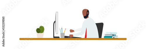 Home education concept. People study at home using a computer. Remote working. Video conference on laptop computer. Work from home and work from anywhere concept Vector.
