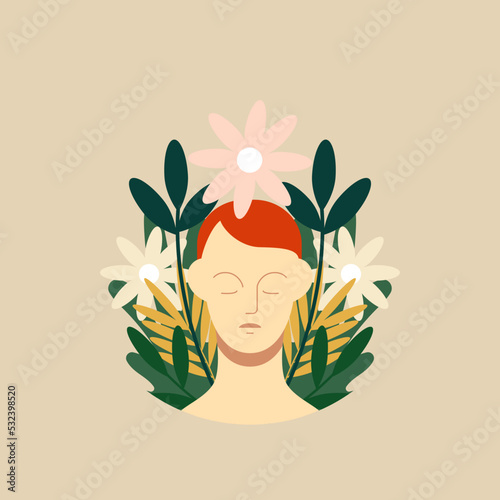 Therapy and the concept of psychology.  A philosophical metaphor depicting a man with bright thoughts on a background of flowers. Abstract modern illustration about mental health