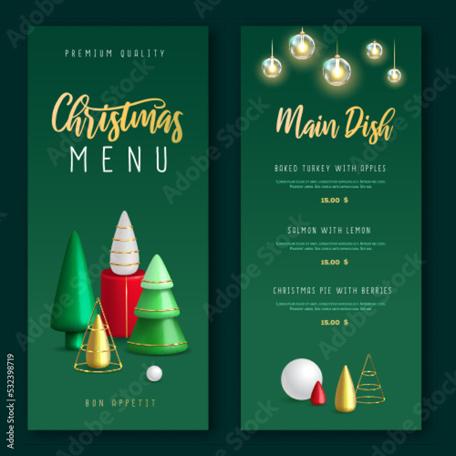 Christmas holiday restaurant menu design with realistic 3D plastic Christmas trees. Vector illustration
