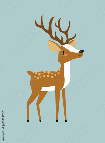 Cute deer. Forest animal. The deer is standing. Funny cartoon deer. Cartoon character. Christmas animal.
