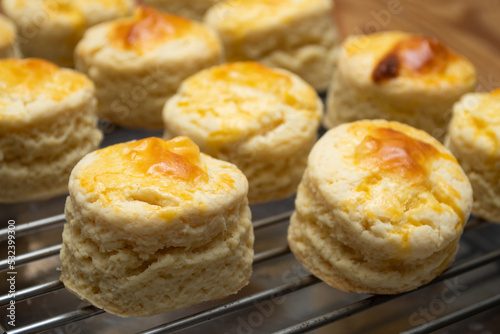 Homemade Scones on the cooling tracke. Scones is English pastry for afternoon tea